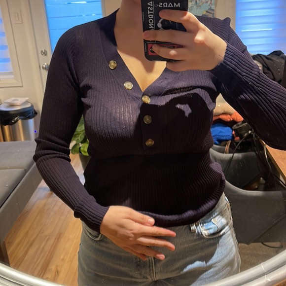 Dark blue ribbed shirt top with buttons - Picture 2 of 5